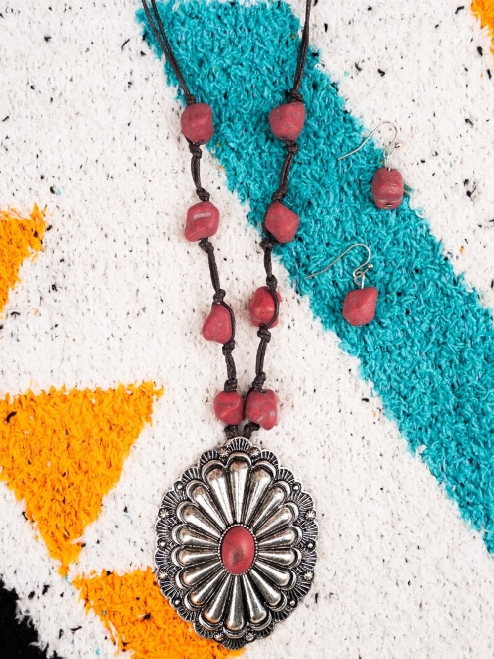 Handcrafted Red Stone and Silver-Tone Pendant Necklace with Matching Earrings